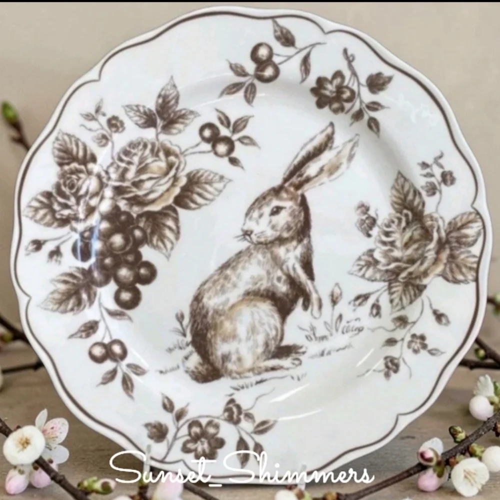 4pc Maxcera Brown Toile Easter Bunny Rabbit Scalloped Cabbage Rose Dinner Plates